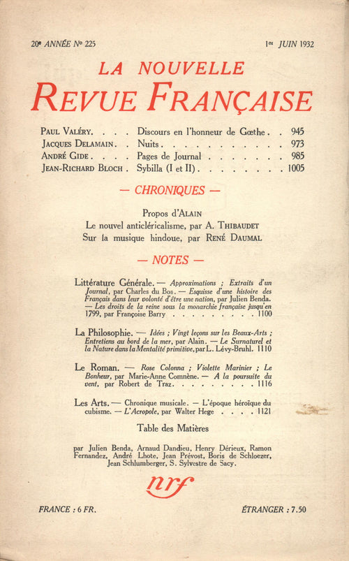 La Nouvelle Revue Française N° 225 (Juin 1932)
