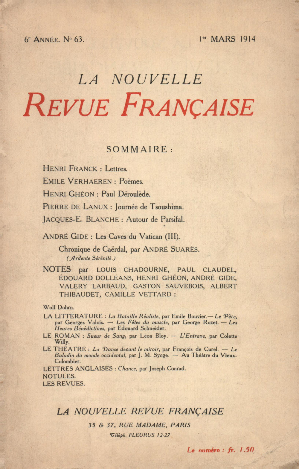 La Nouvelle Revue Française N' 63 (Mars 1914)
