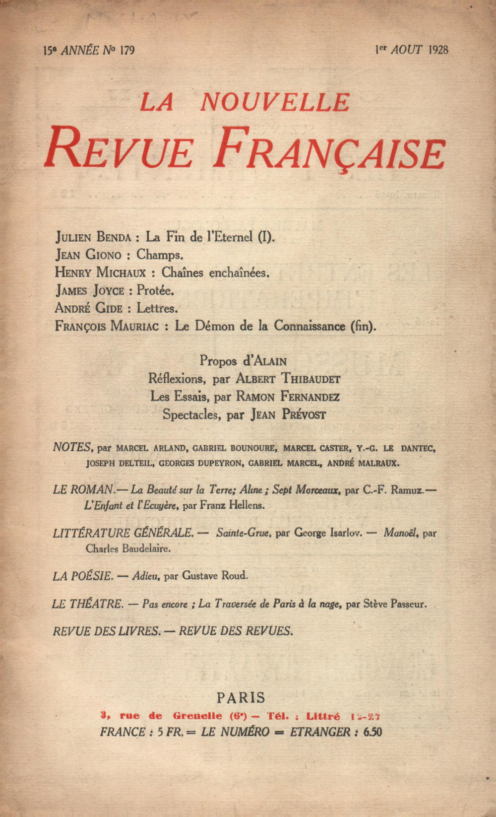 La Nouvelle Revue Française N' 179 (Aoűt 1928)