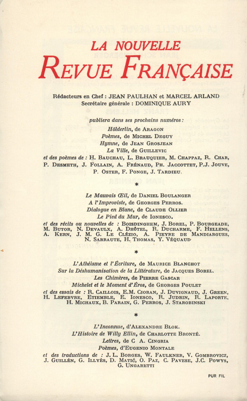 La Nouvelle Revue Française N' 176 (Aoűt 1967)