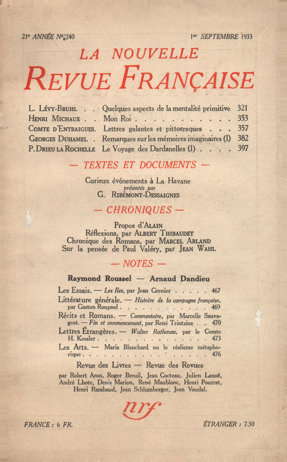 La Nouvelle Revue Française N° 240 (Septembre 1933)