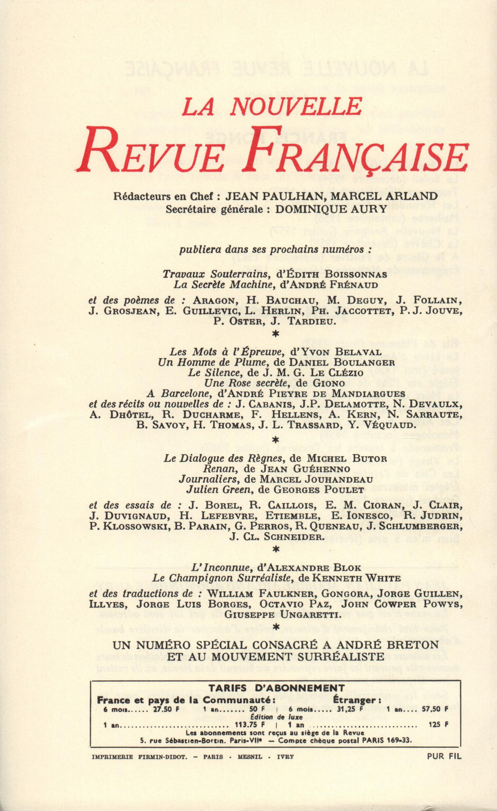 La Nouvelle Revue Française N' 169 (Janvier 1967)