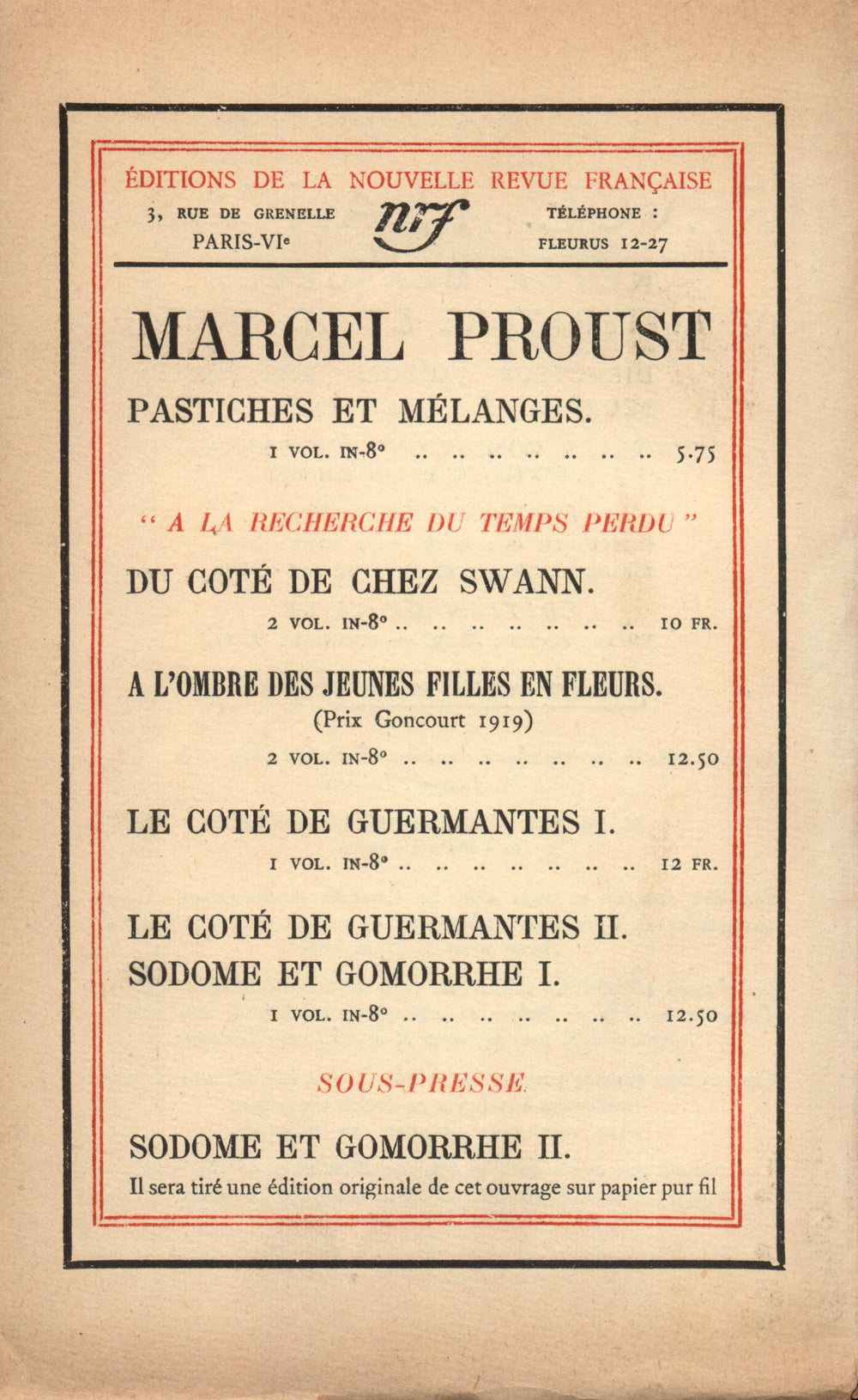 La Nouvelle Revue Française N' 103 (Avril 1922)