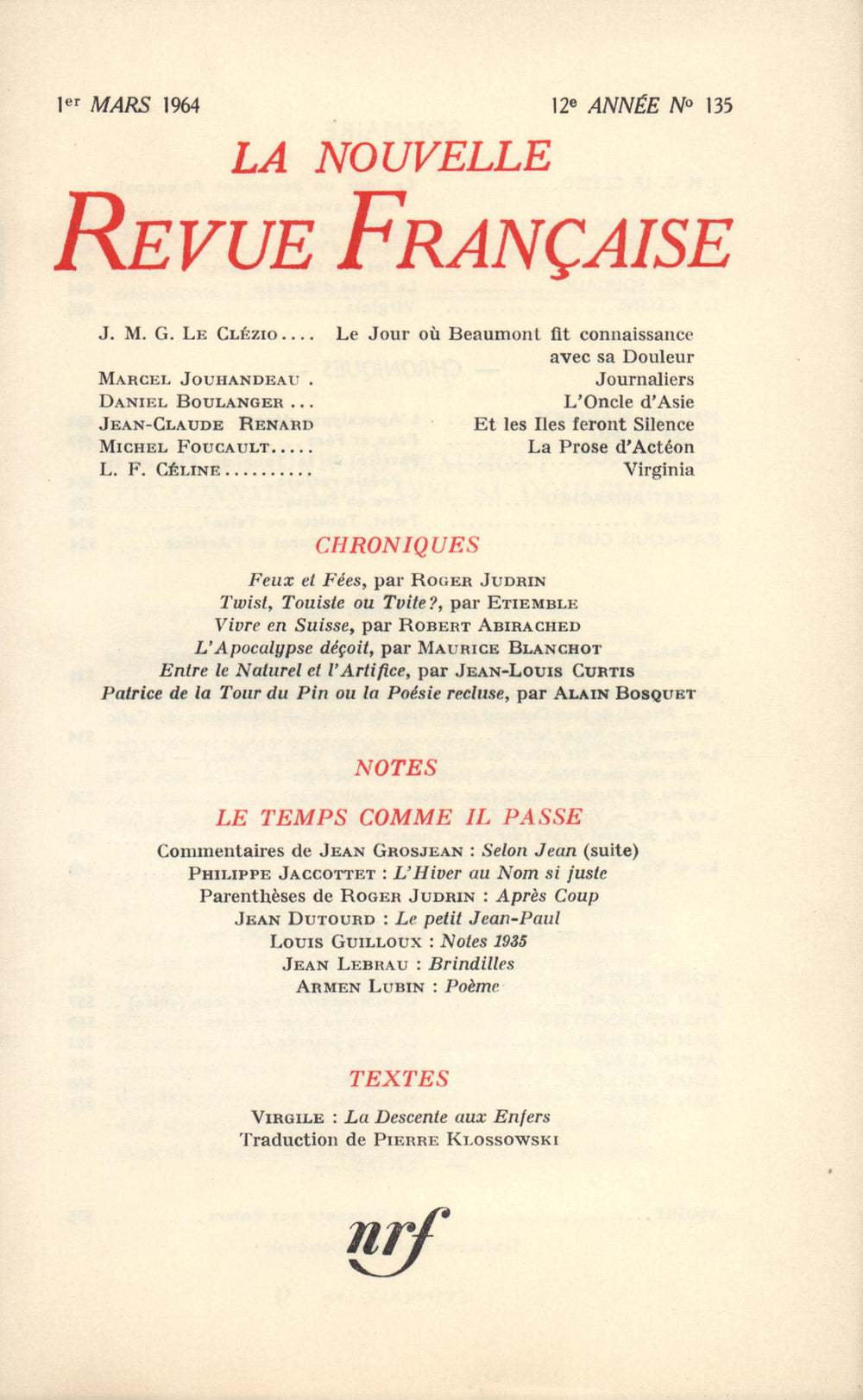 La Nouvelle Revue Française N' 135 (Mars 1964)