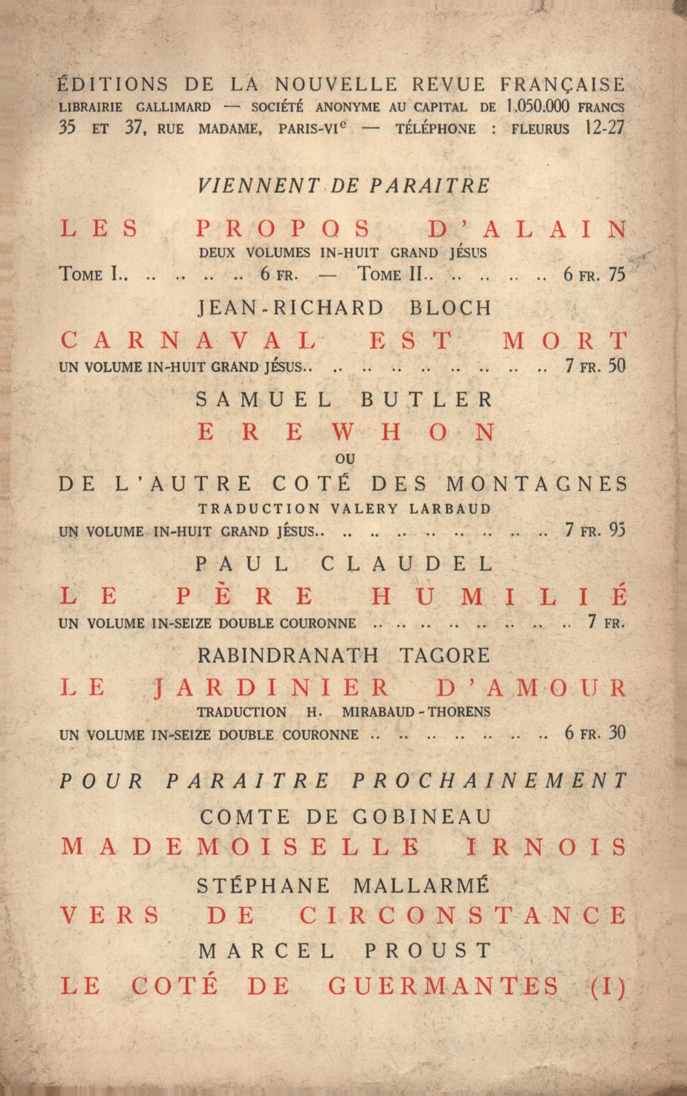 La Nouvelle Revue Française N' 84 (Septembre 1920)