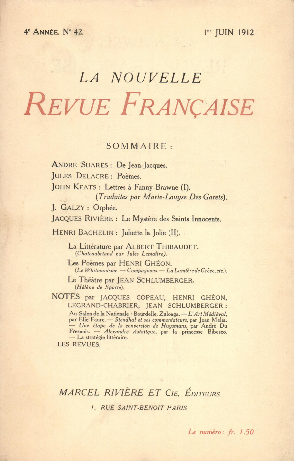 La Nouvelle Revue Française N' 42 (Juin 1912)