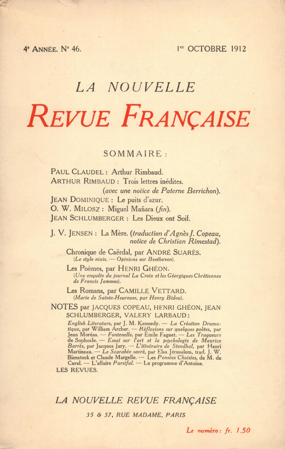 La Nouvelle Revue Française N' 46 (Octobre 1912)