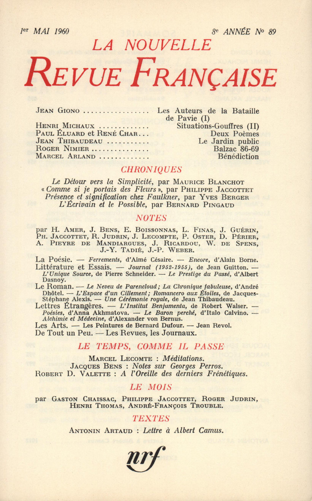 La Nouvelle Revue Française N' 89 (Mai 1960)