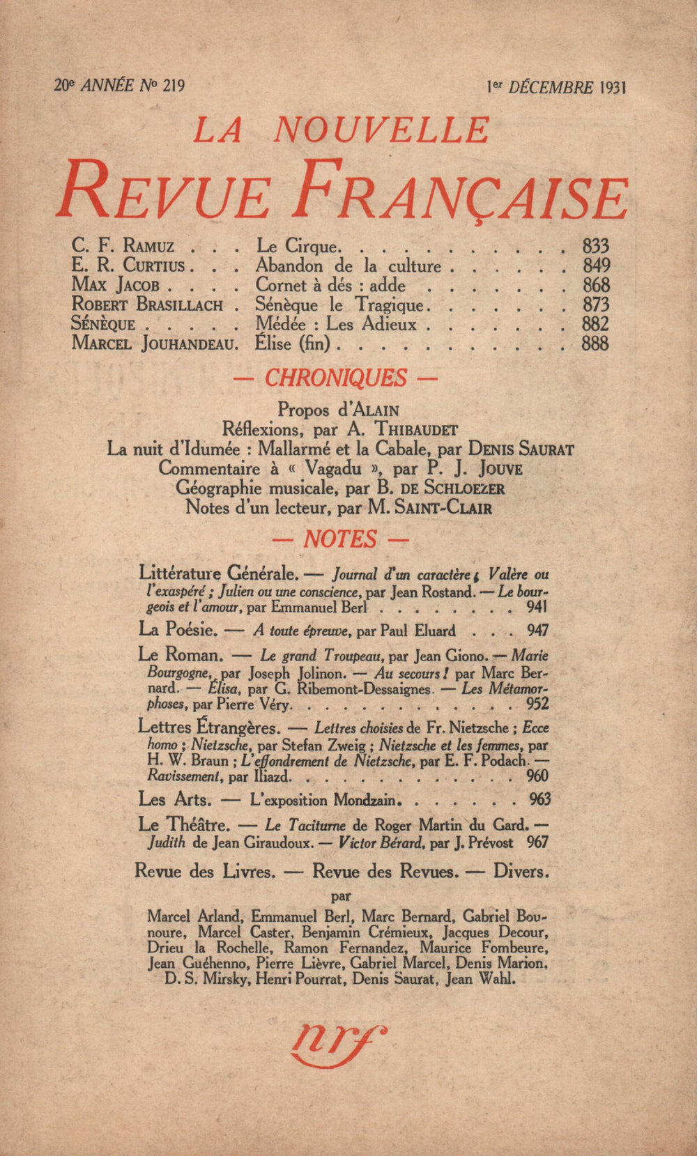 La Nouvelle Revue Française N' 219 (Décembre 1931)
