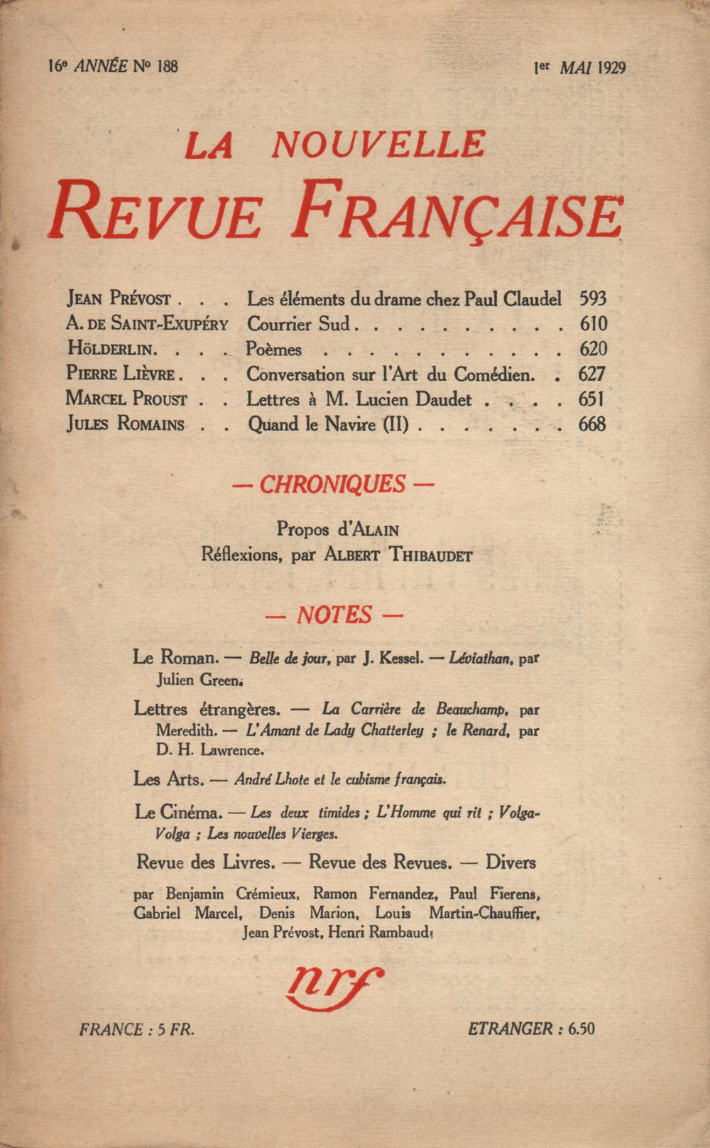 La Nouvelle Revue Française N' 188 (Mai 1929)