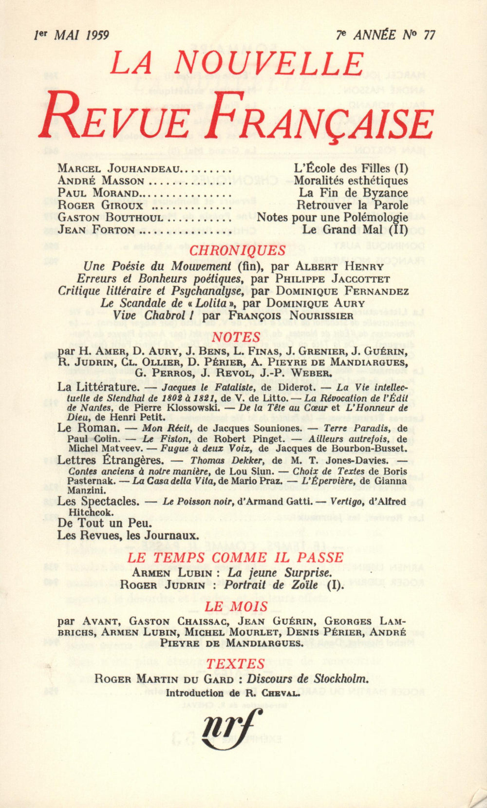 La Nouvelle Revue Française N' 77 (Mai 1959)