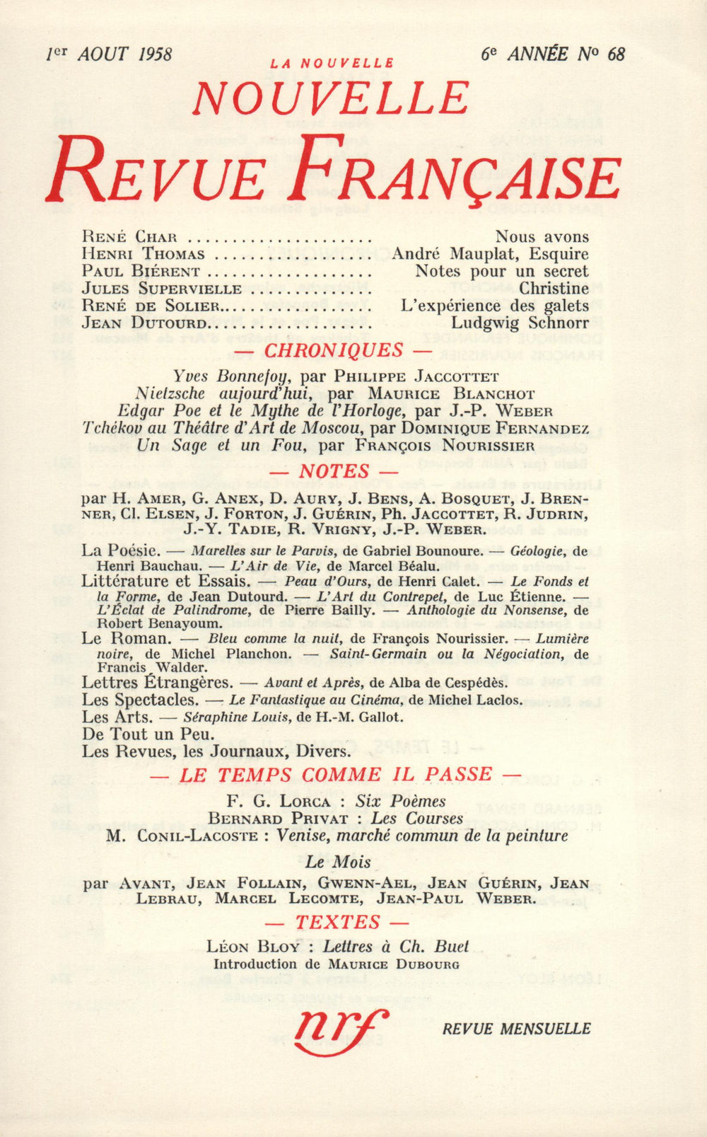 La Nouvelle Nouvelle Revue Française N' 68 (Aoűt 1958)