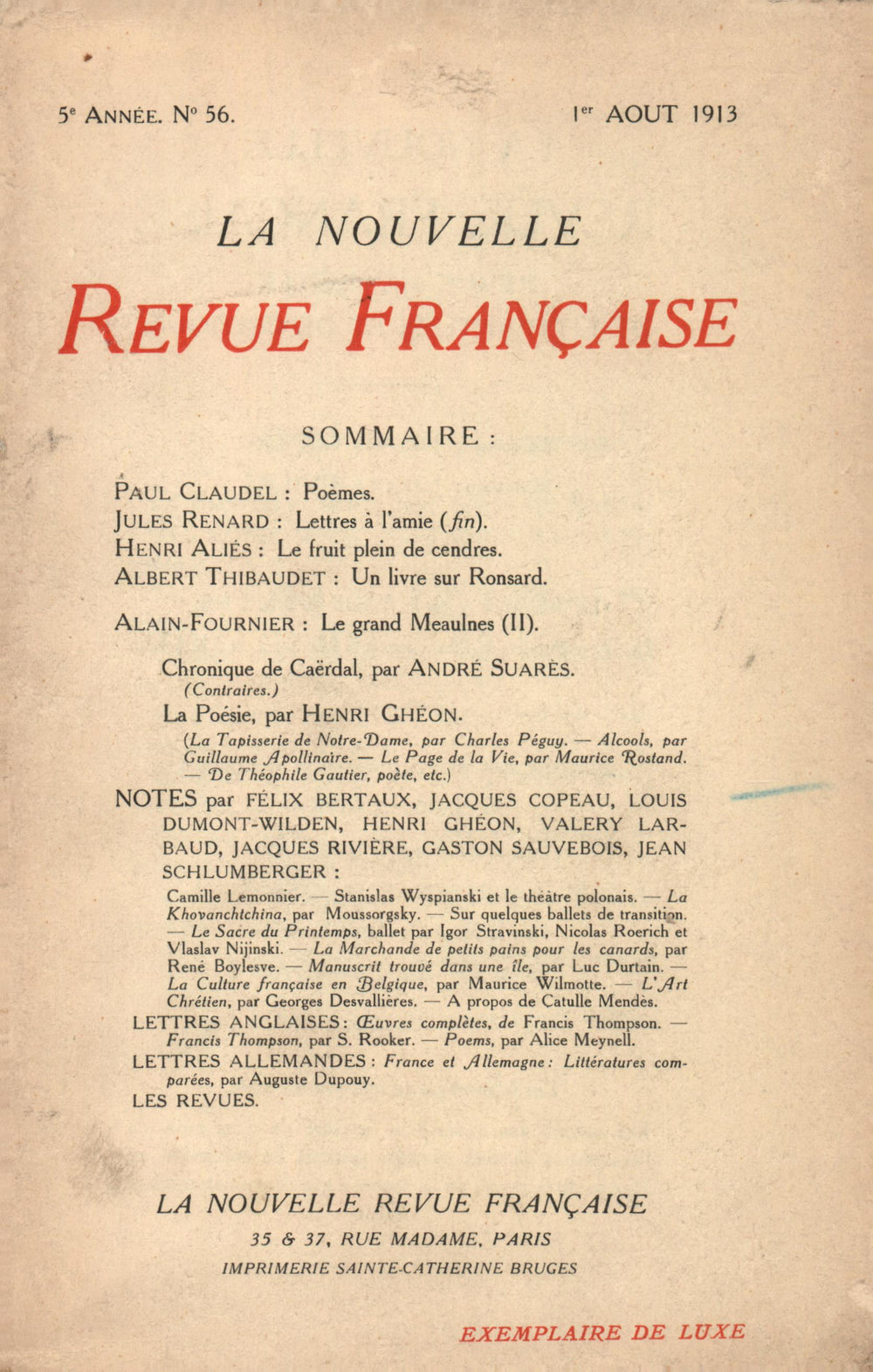 La Nouvelle Revue Française N' 56 (Aoűt 1913)