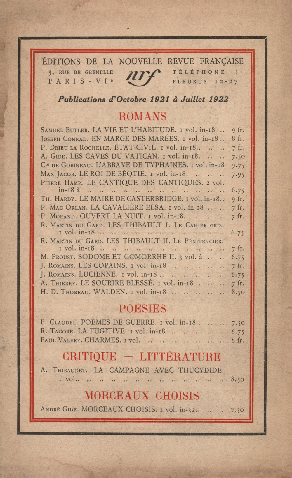 La Nouvelle Revue Française N° 107 (Août 1922)
