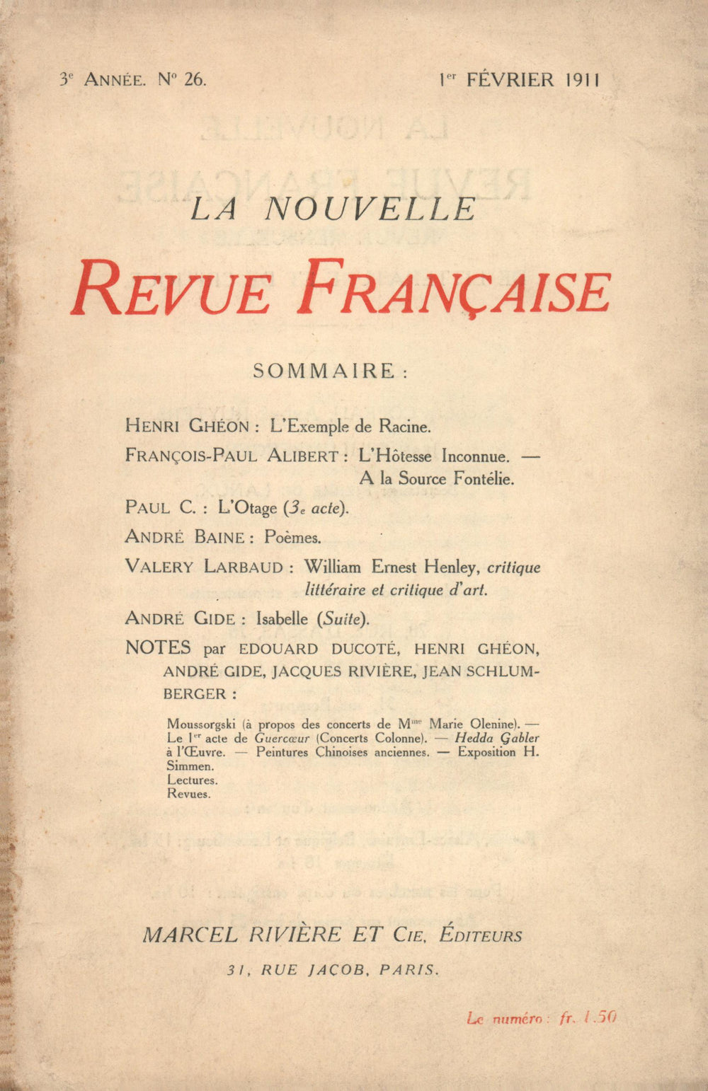 La Nouvelle Revue Française N' 26 (Février 1911)