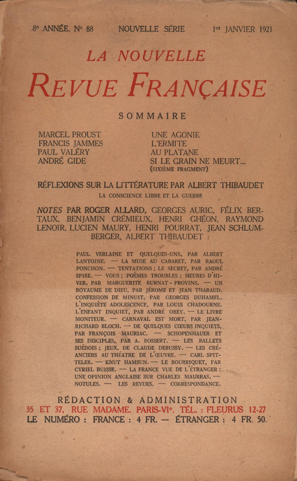 La Nouvelle Revue Française N' 88 (Janvier 1921)