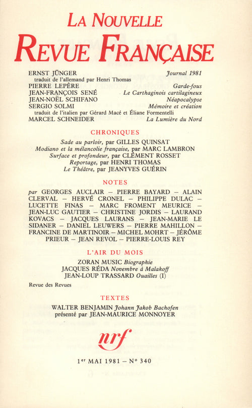 La Nouvelle Revue Française N° 340