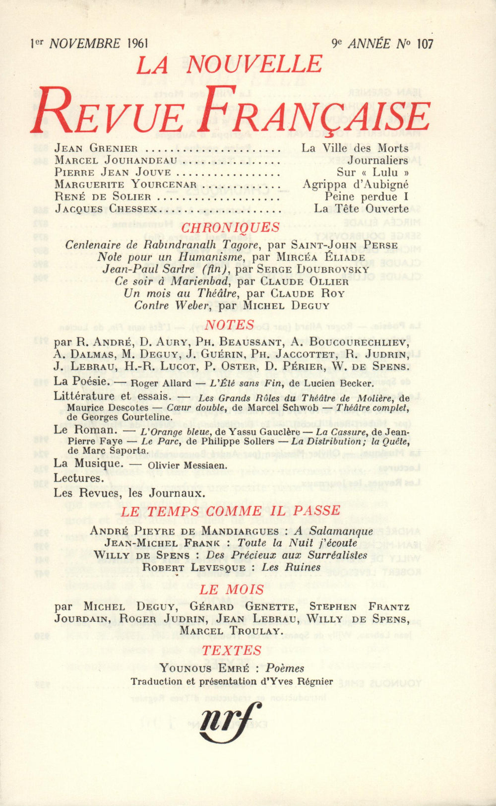 La Nouvelle Revue Française N' 107 (Novembre 1961)