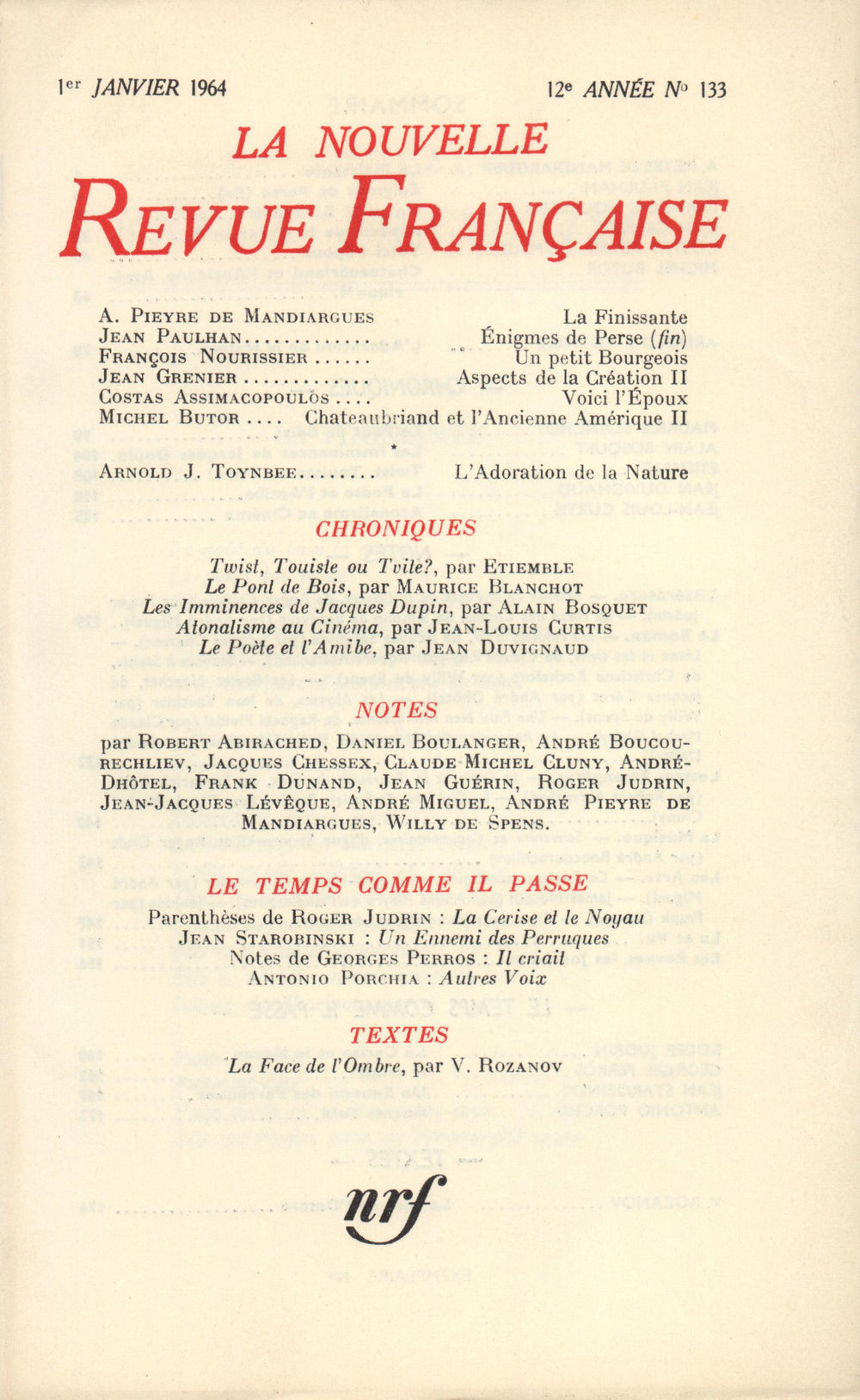 La Nouvelle Revue Française N' 133 (Janvier 1964)