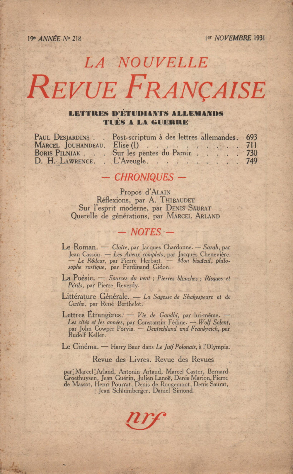 La Nouvelle Revue Française N' 218 (Novembre 1931)