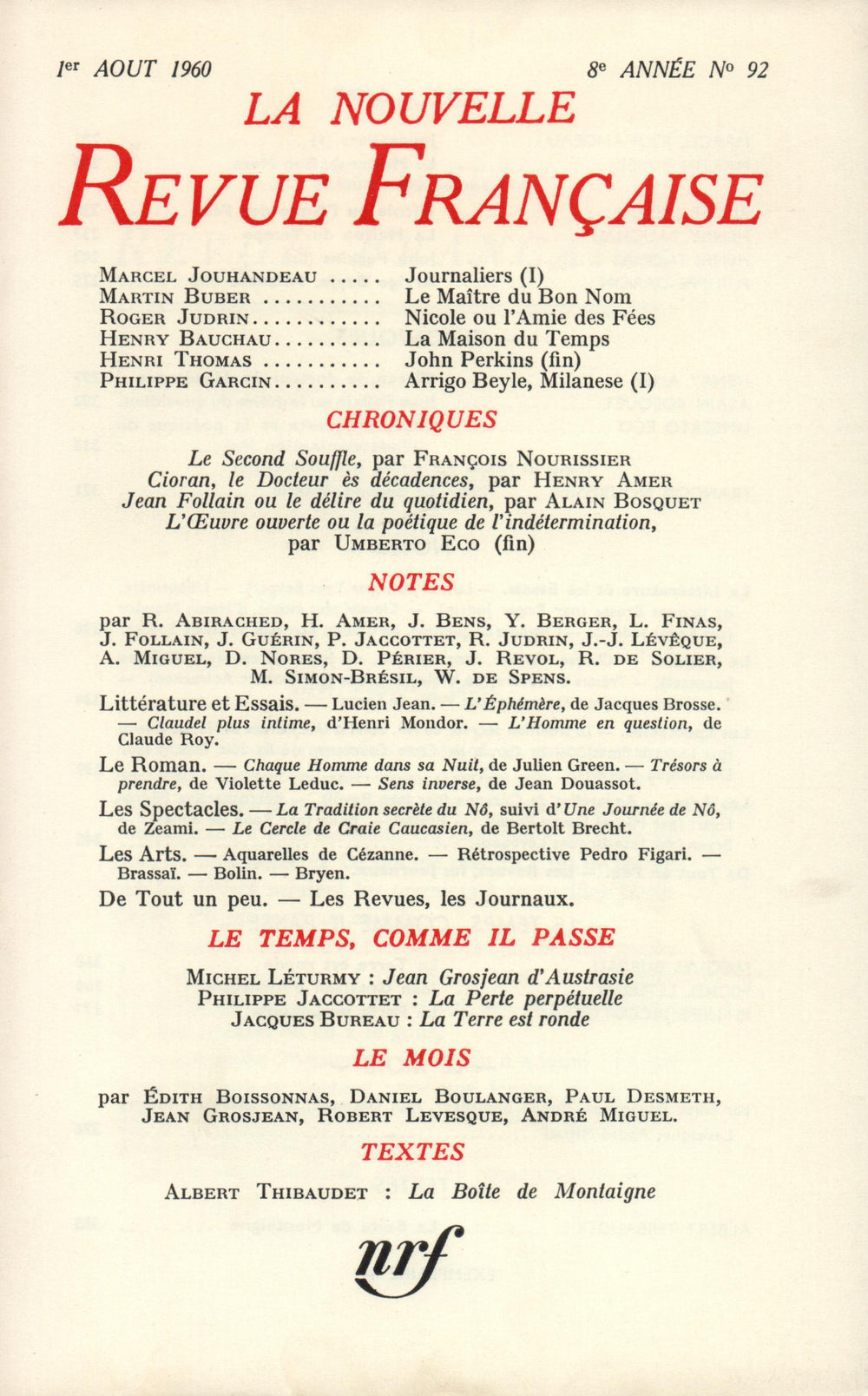 La Nouvelle Revue Française N' 92 (Aoűt 1960)