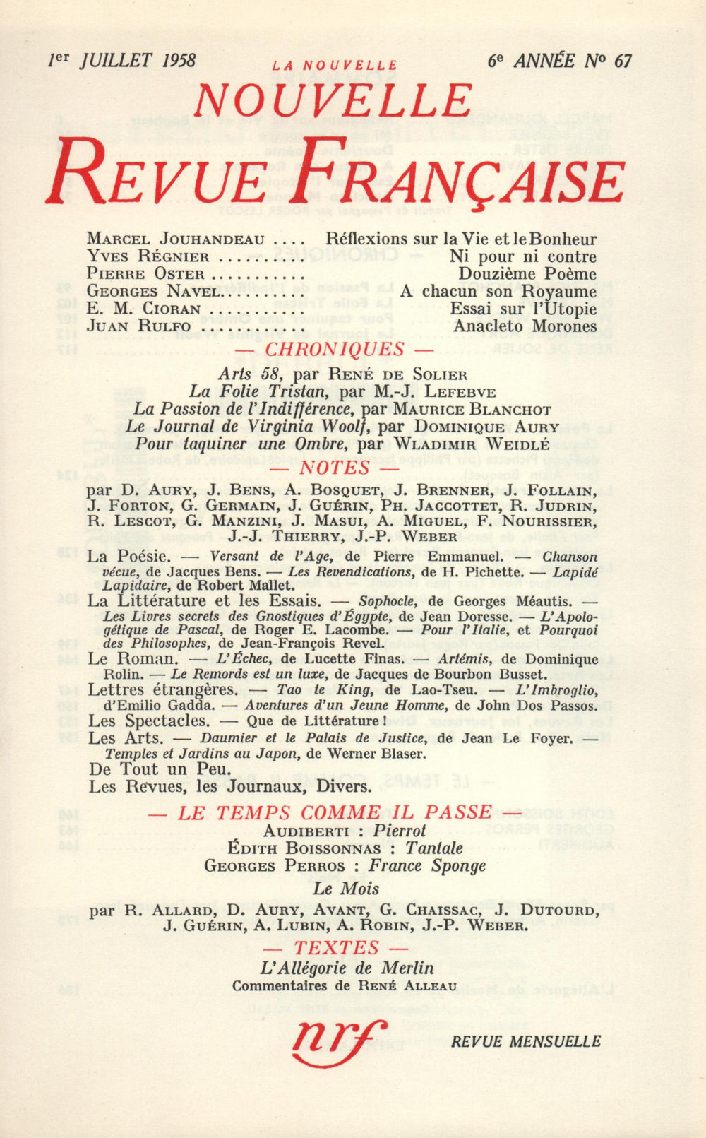 La Nouvelle Nouvelle Revue Française N' 67 (Juillet 1958)