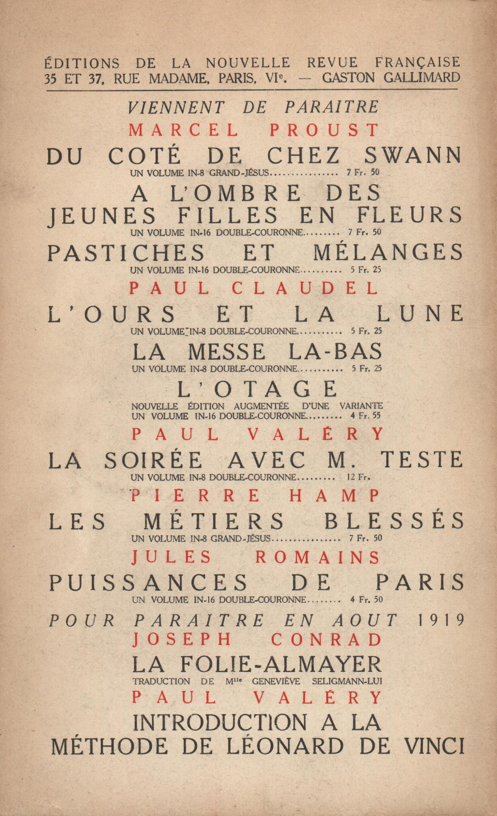 La Nouvelle Revue Française N' 71 (Aoűt 1919)