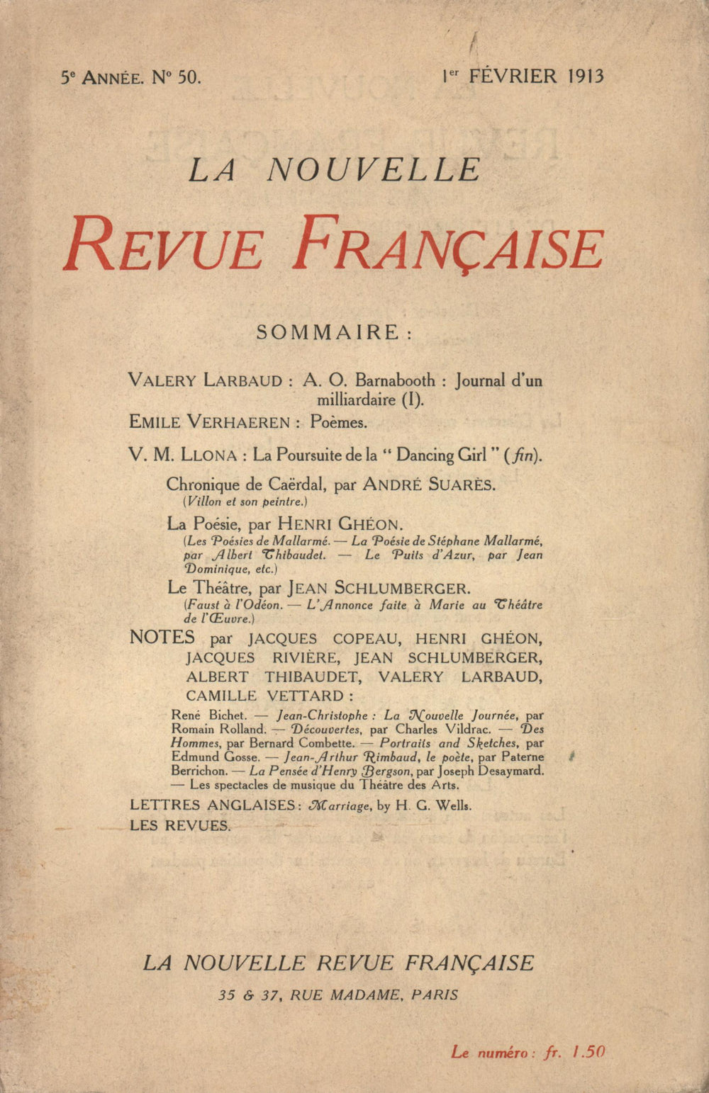 La Nouvelle Revue Française N' 50 (Février 1913)