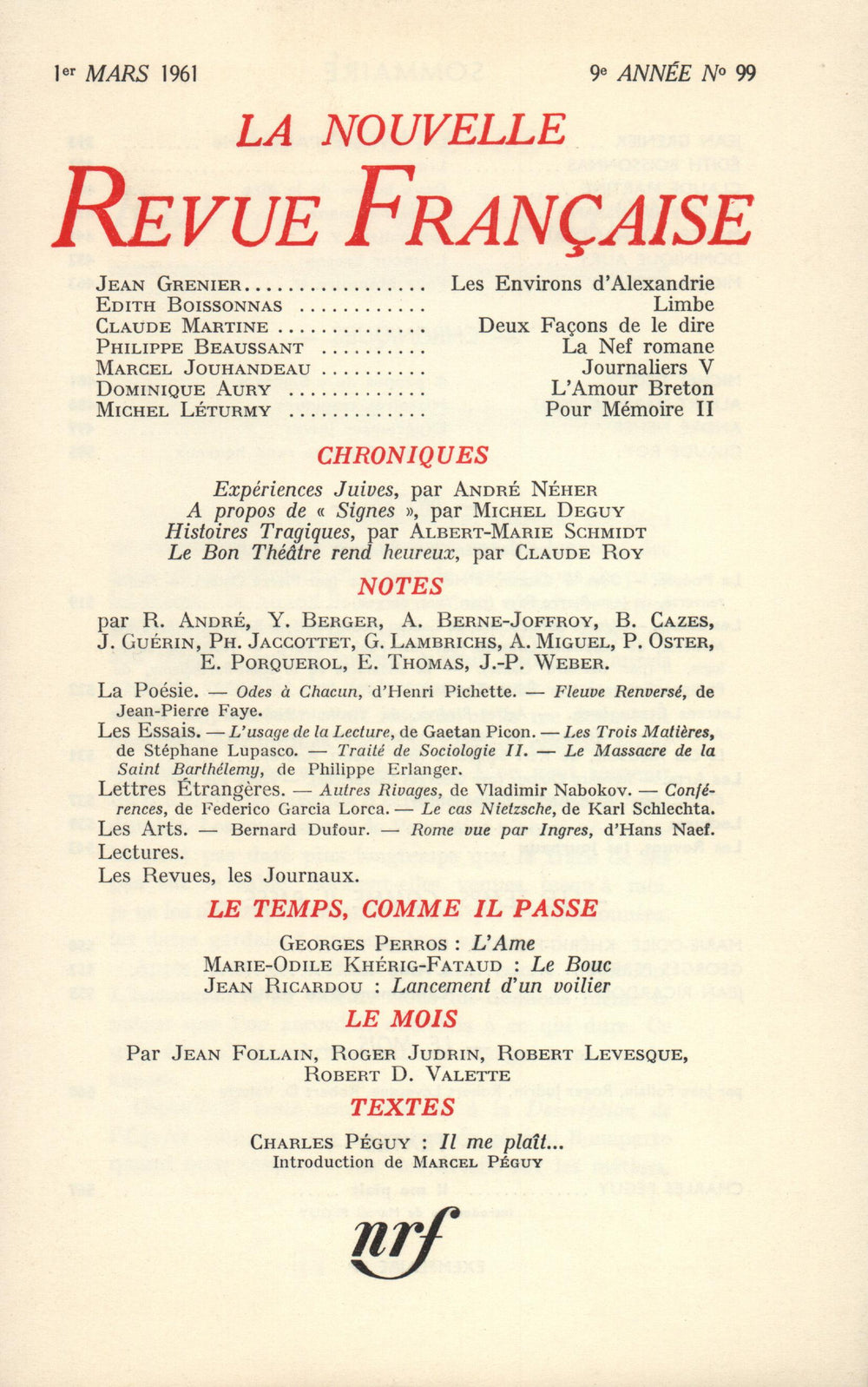 La Nouvelle Revue Française N' 99 (Mars 1961)