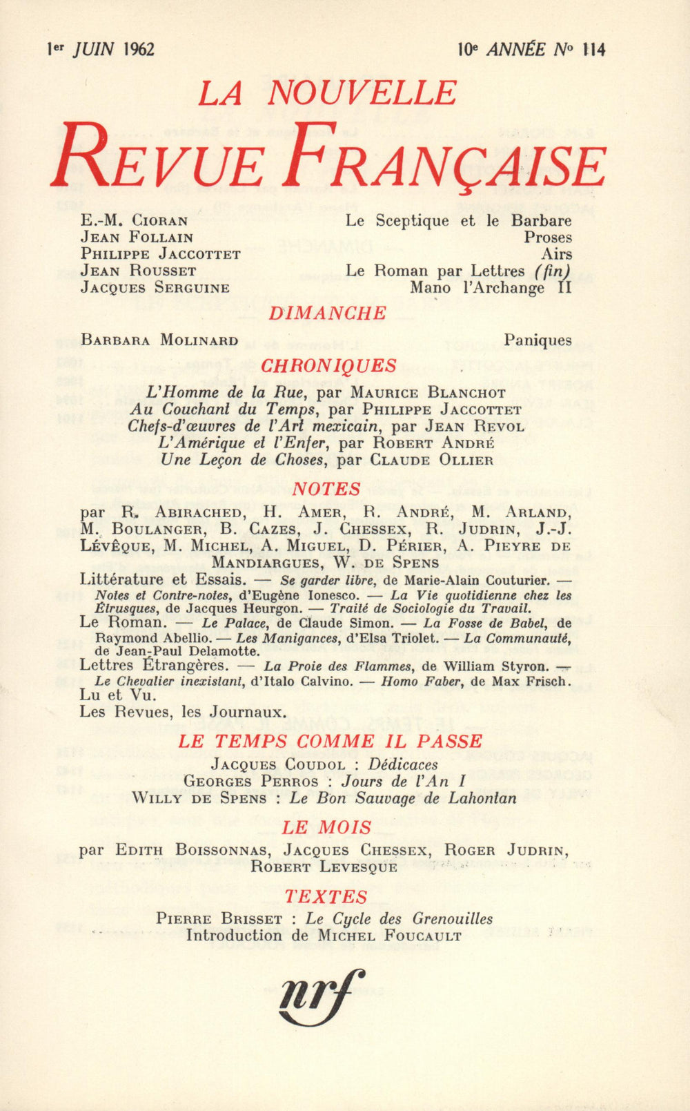 La Nouvelle Revue Française N' 114 (Juin 1962)