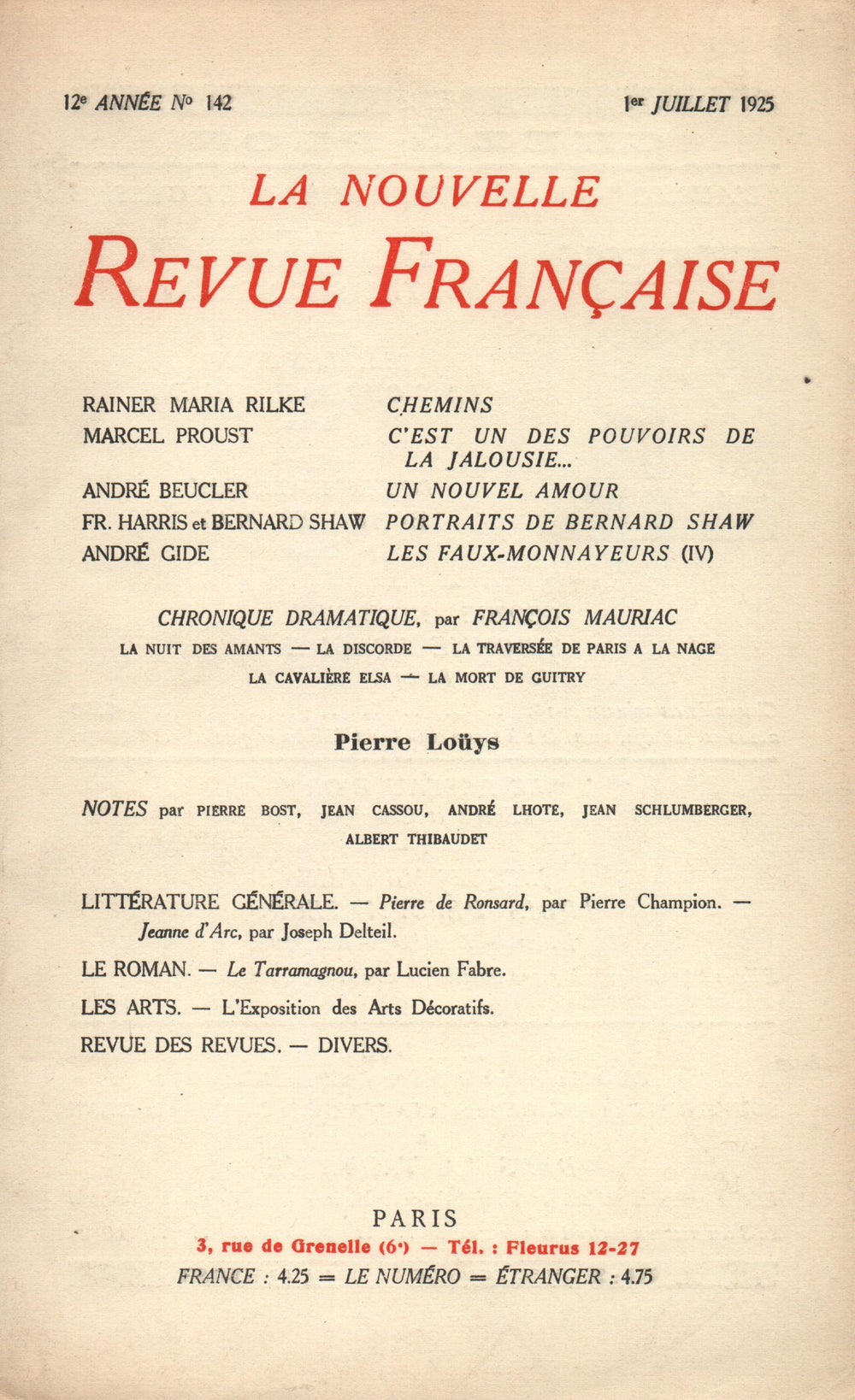 La Nouvelle Revue Française N' 142 (Juillet 1925)