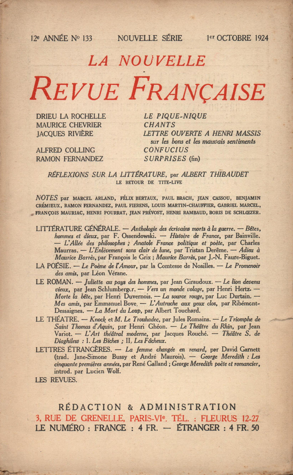 La Nouvelle Revue Française N' 133 (Octobre 1924)