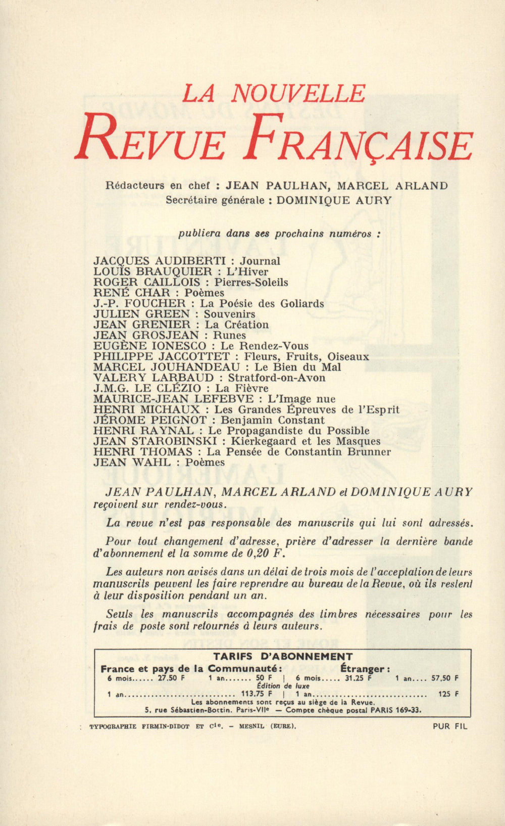 La Nouvelle Revue Française N' 144 (Décembre 1964)