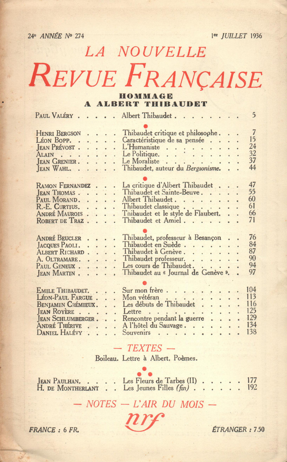 Hommage ŕ Albert Thibaudet N° 274 (Juillet 1936)