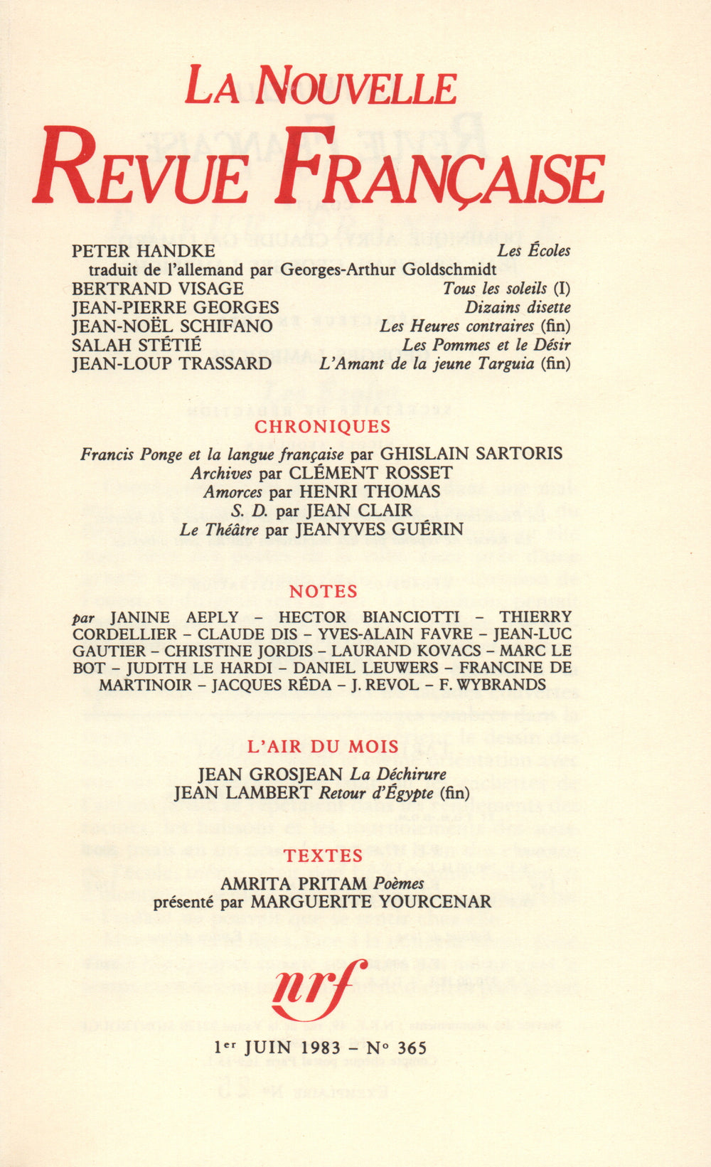 La Nouvelle Revue Française N° 365