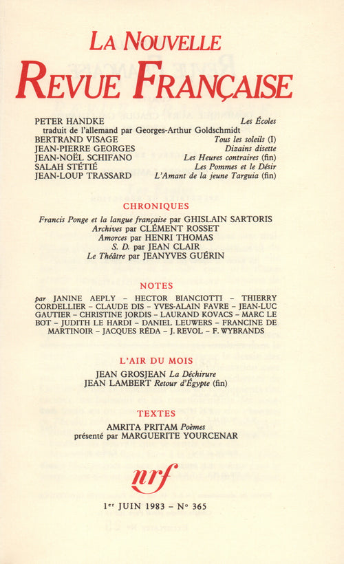La Nouvelle Revue Française N° 365