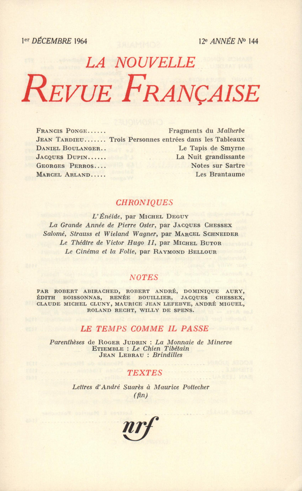 La Nouvelle Revue Française N' 144 (Décembre 1964)