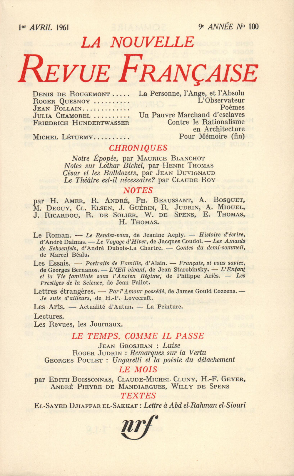 La Nouvelle Revue Française N' 100 (Avril 1961)