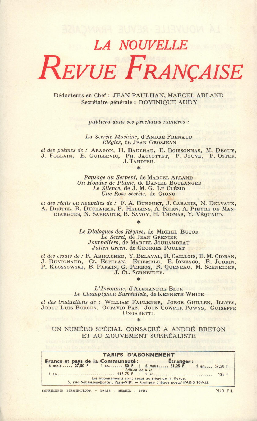 La Nouvelle Revue Française N' 168 (Décembre 1966)