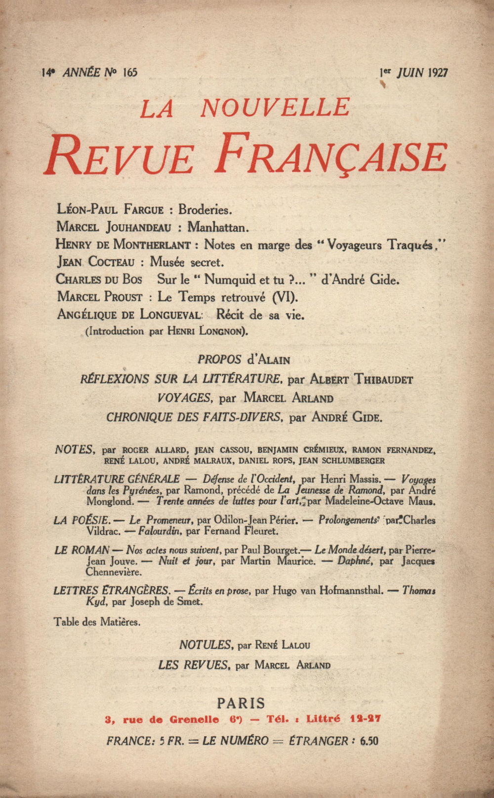 La Nouvelle Revue Française N' 165 (Juin 1927)