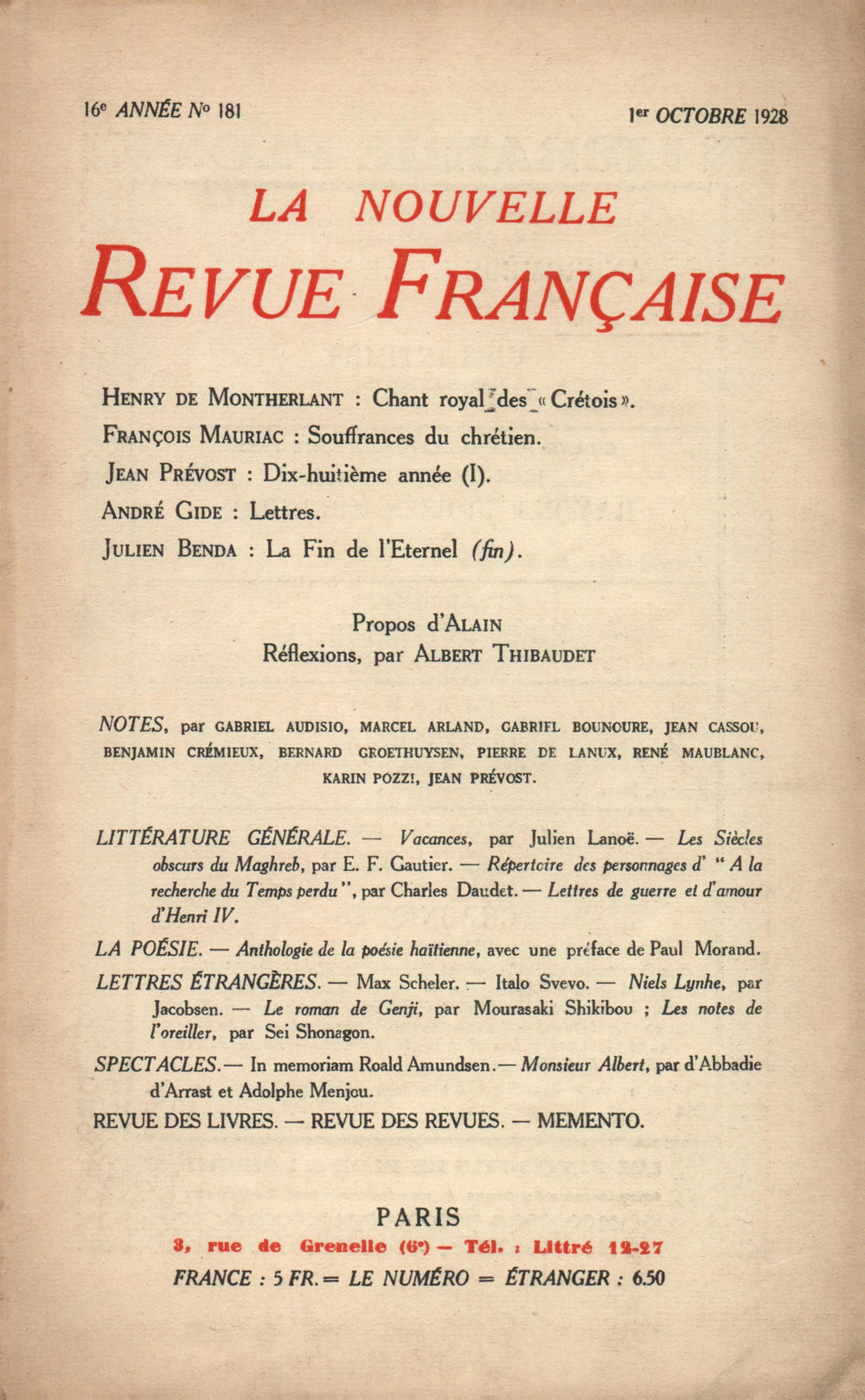 La Nouvelle Revue Française N' 181 (Octobre 1928)