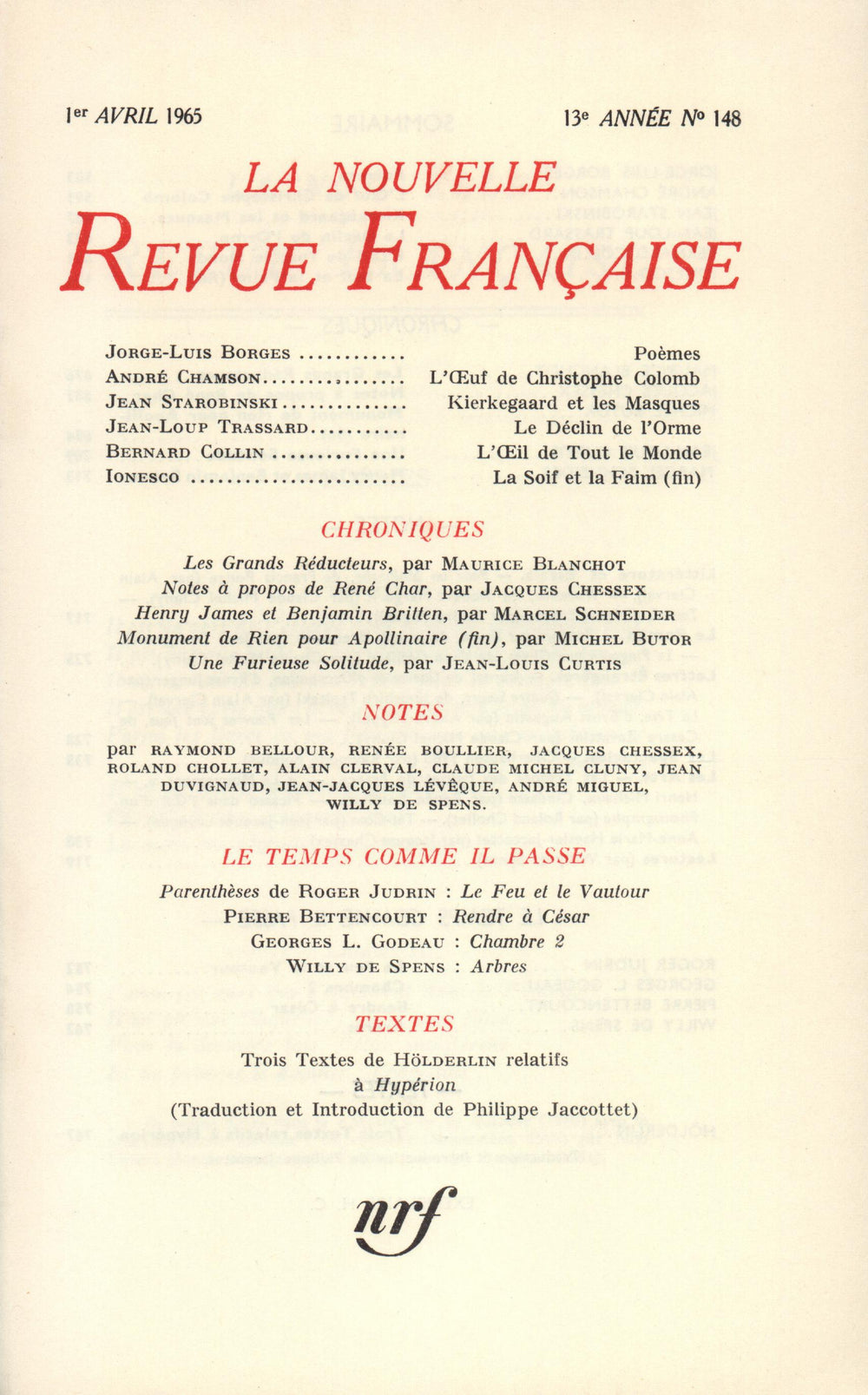 La Nouvelle Revue Française N' 148 (Avril 1965)