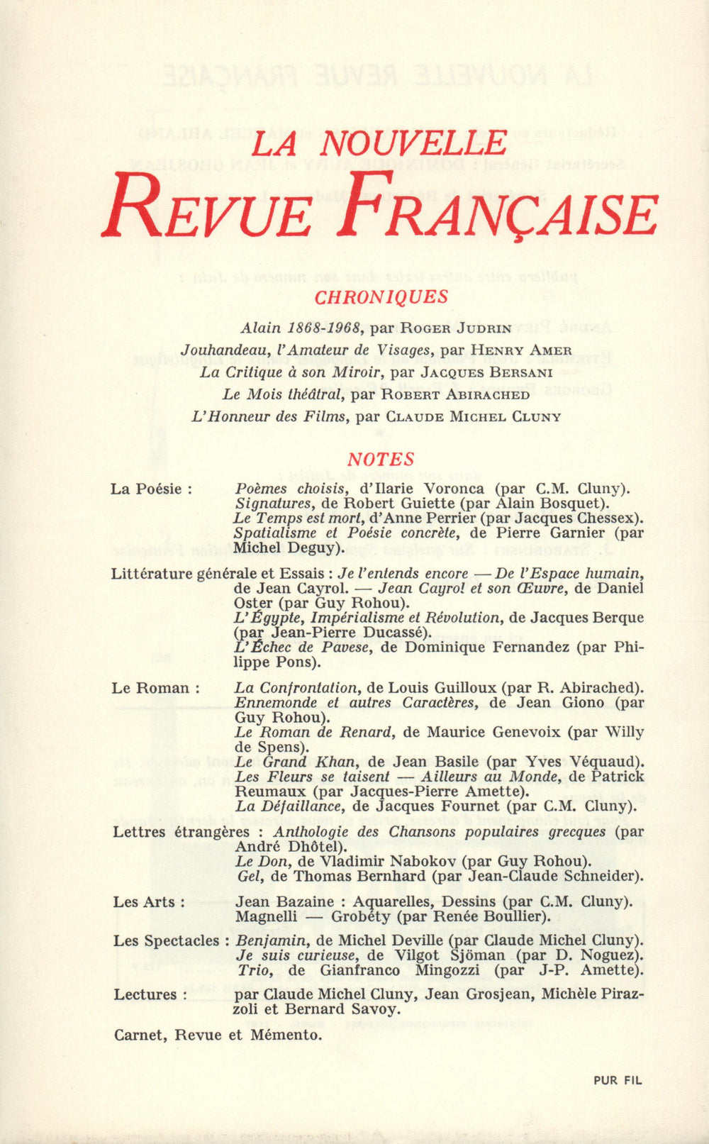 La Nouvelle Revue Française N' 185 (Mai 1968)