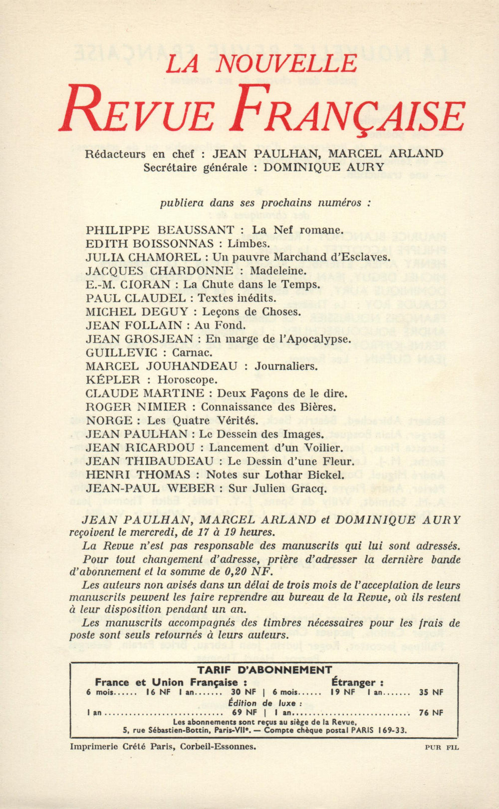 La Nouvelle Revue Française N' 98 (Février 1961)