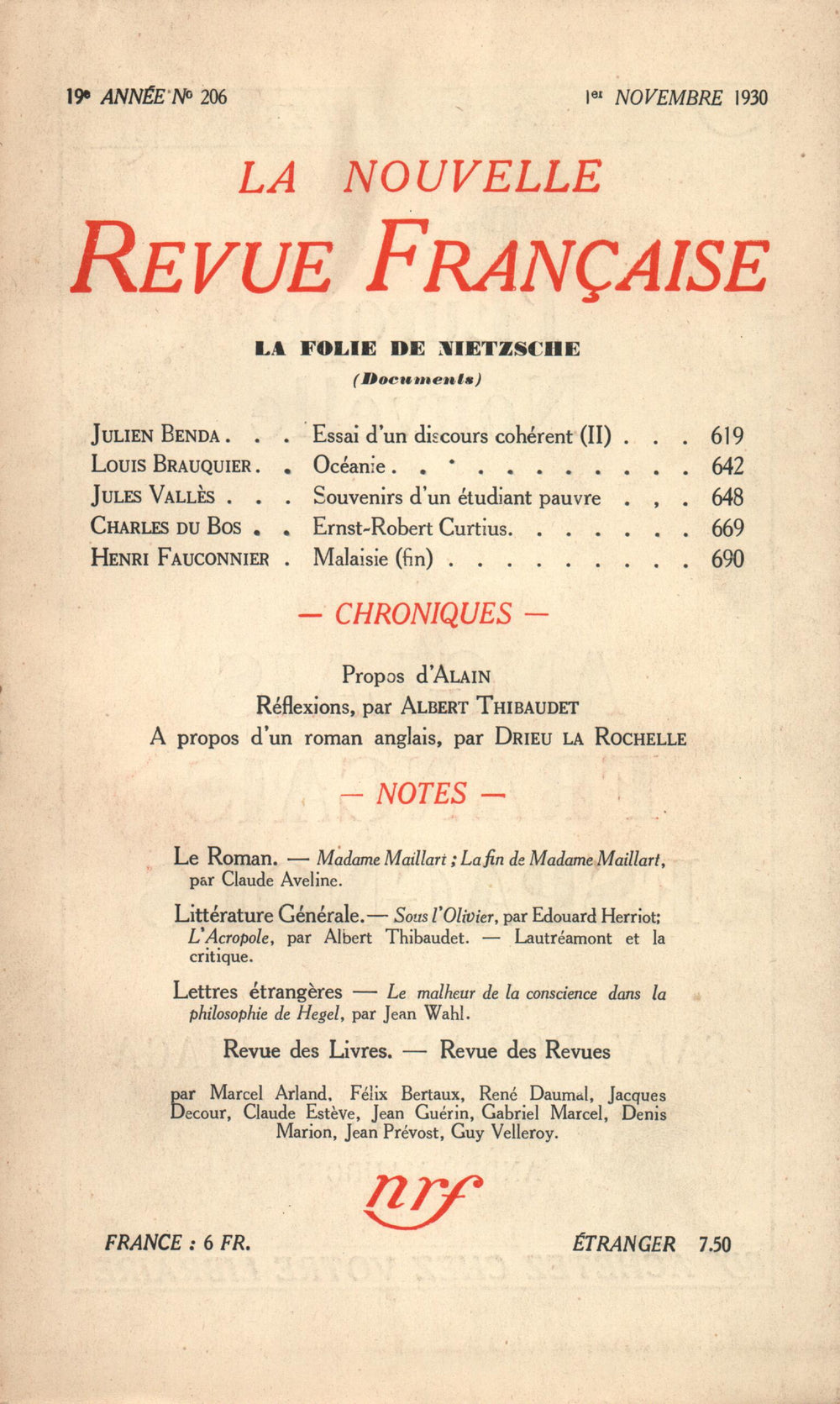 La Nouvelle Revue Française N' 206 (Novembre 1930)