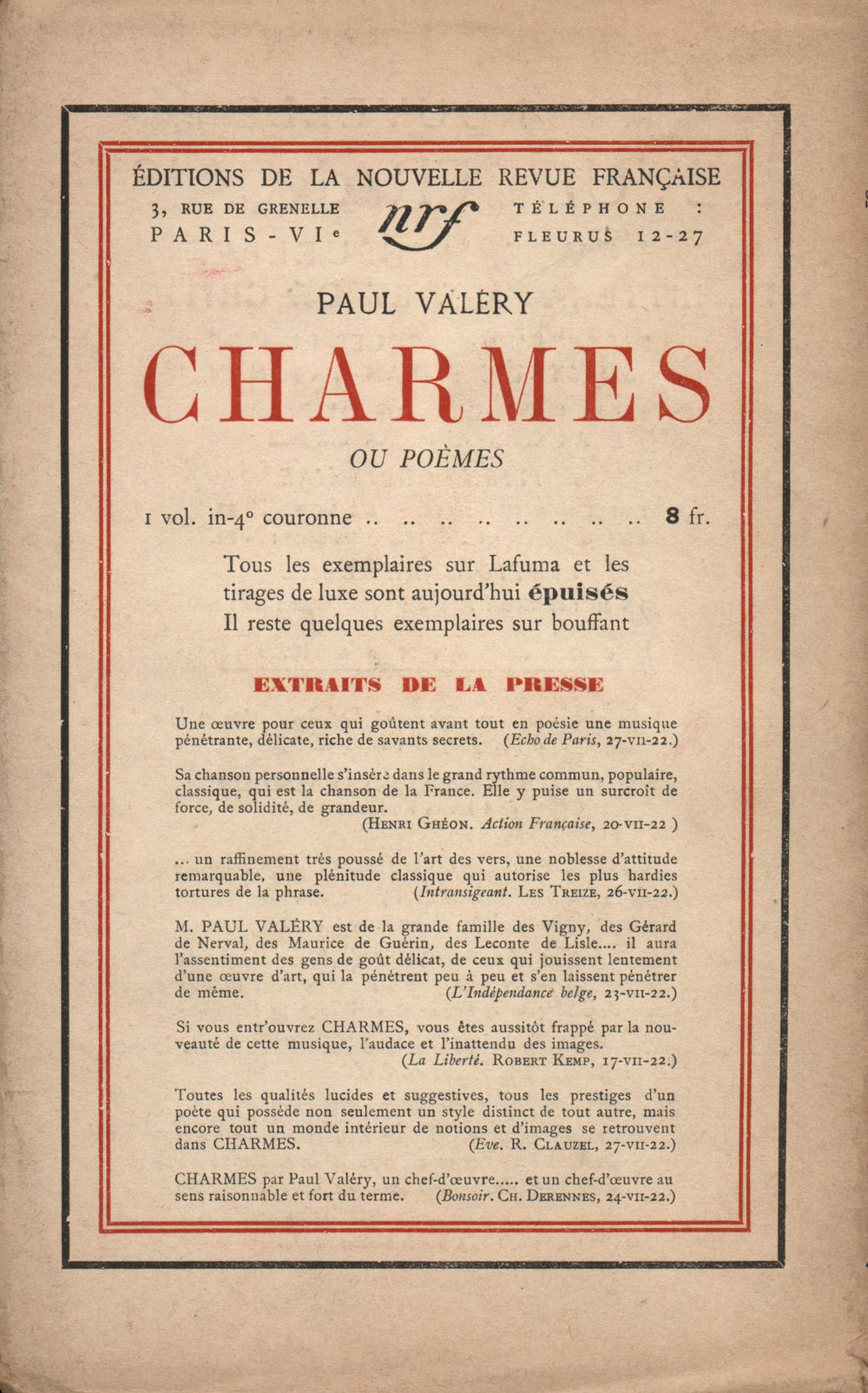 La Nouvelle Revue Française N' 108 (Septembre 1922)