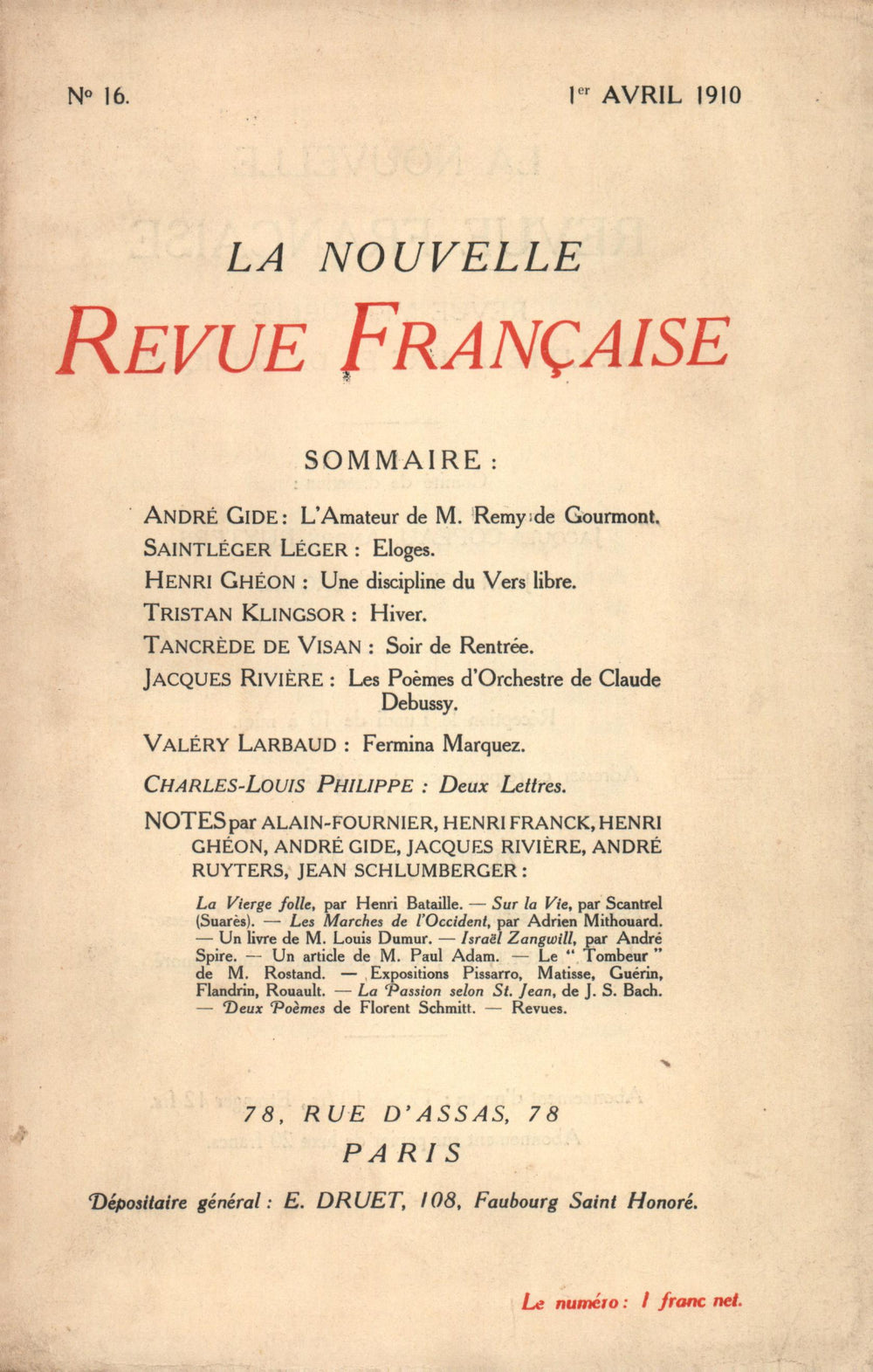 La Nouvelle Revue Française N' 16 (Avril 1910)