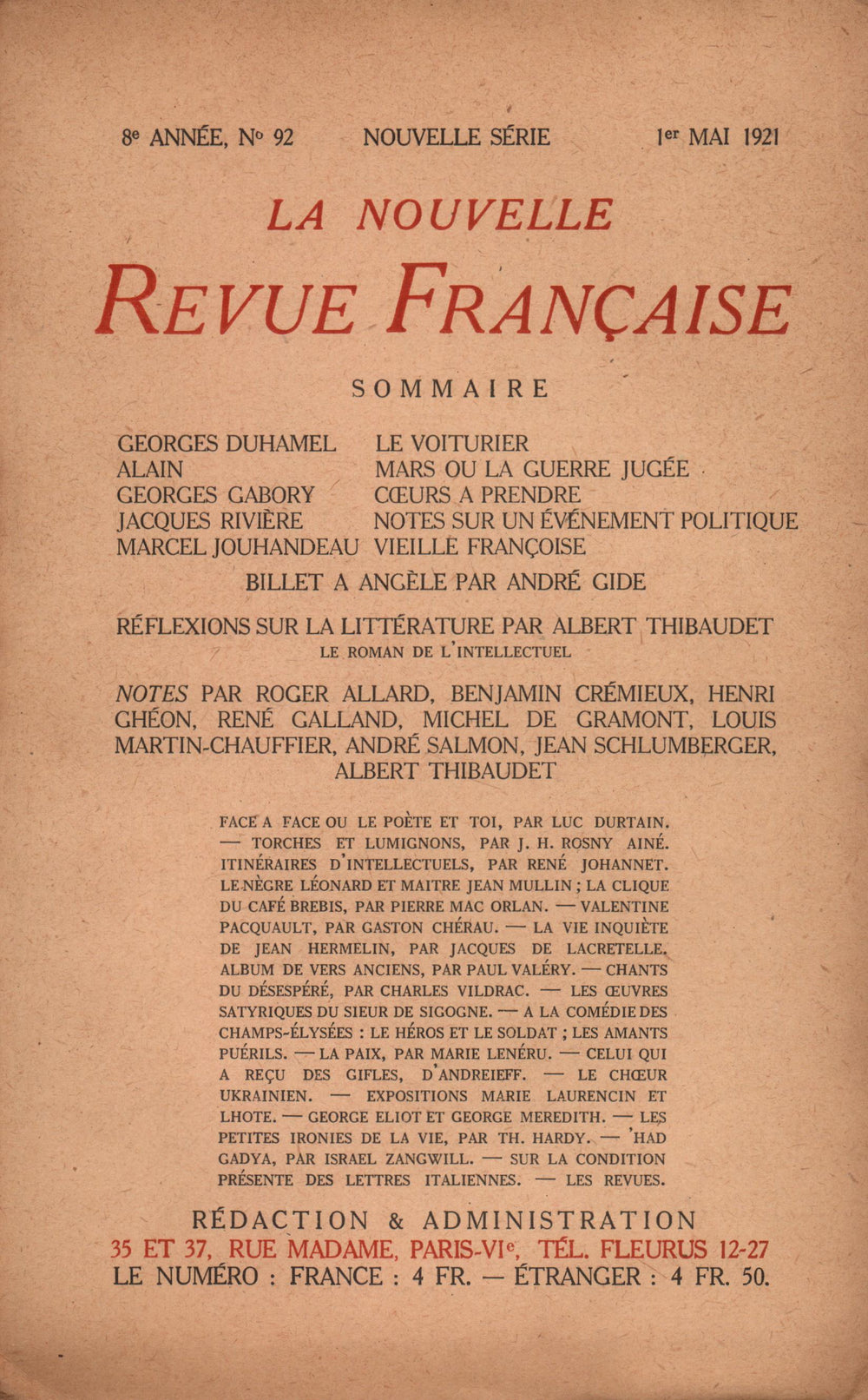 La Nouvelle Revue Française N' 92 (Mai 1921)
