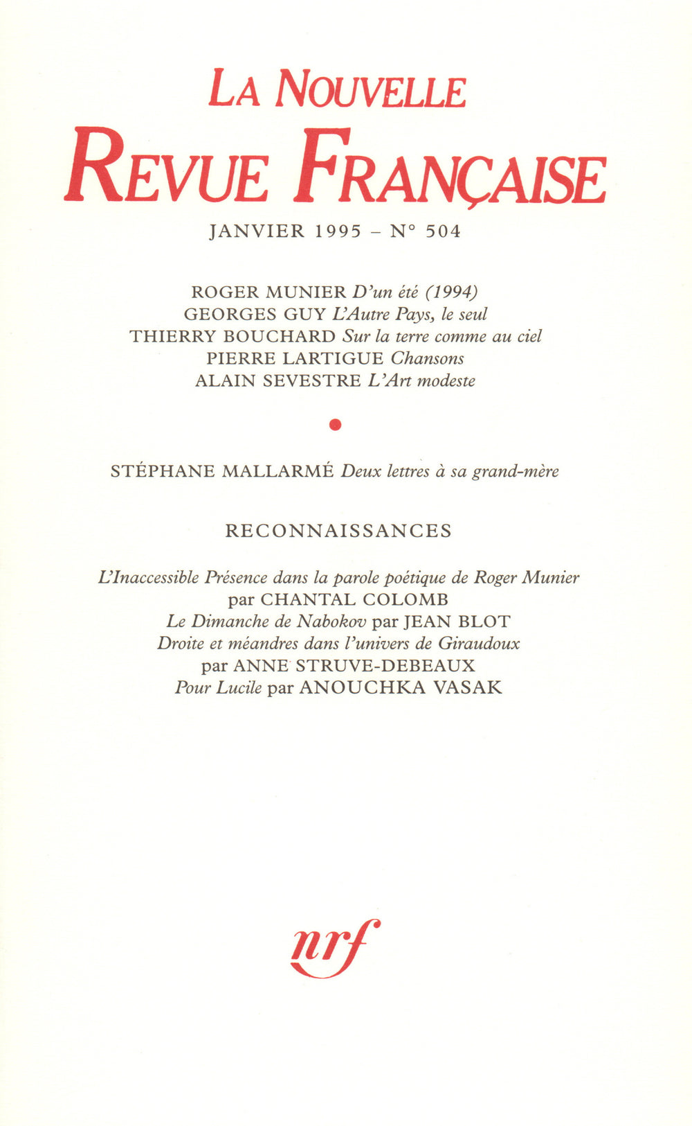 La Nouvelle Revue Française N° 504