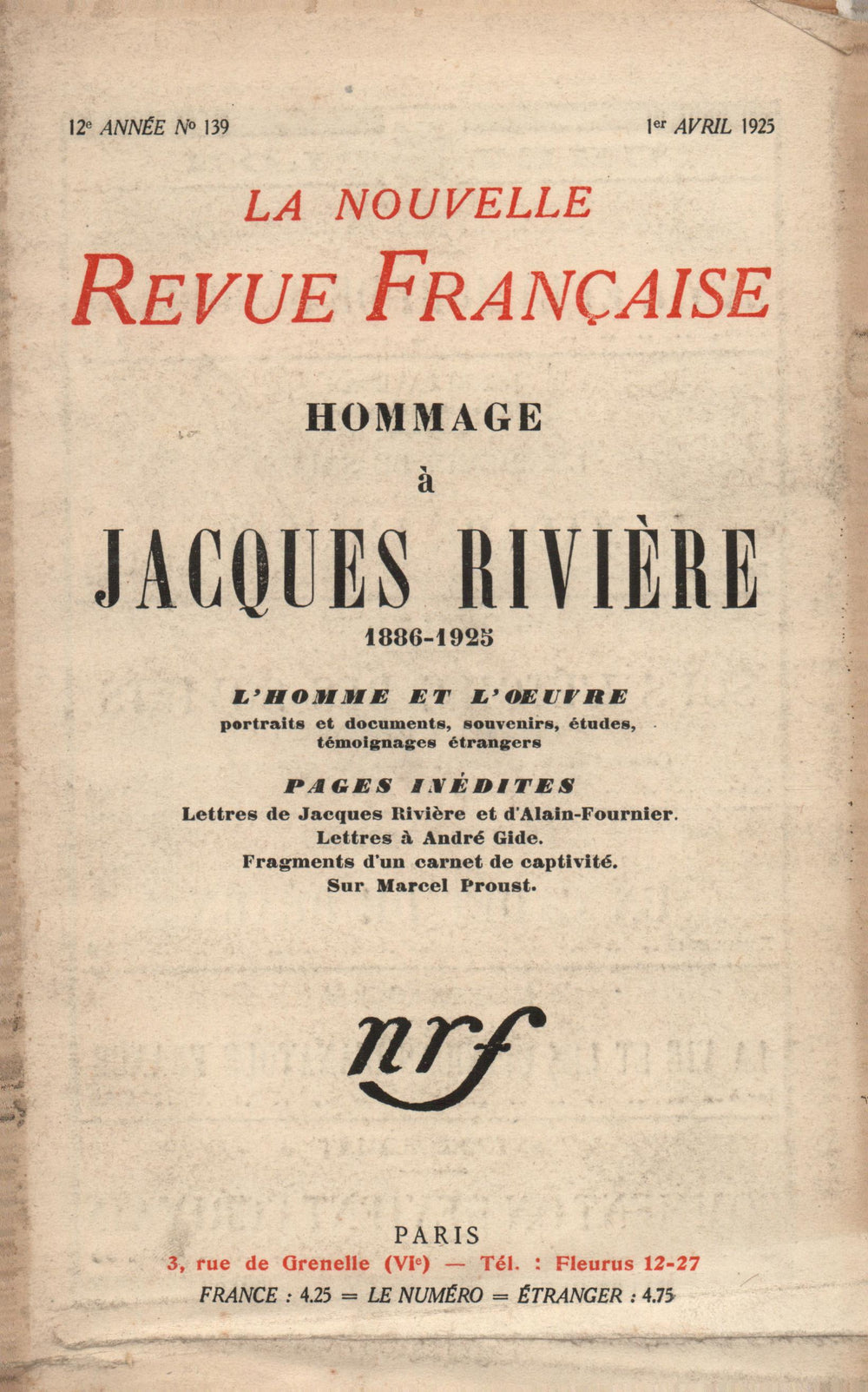 Hommage ŕ Jacques Rivičre (1886-1925) N' 139 (Avril 1925)
